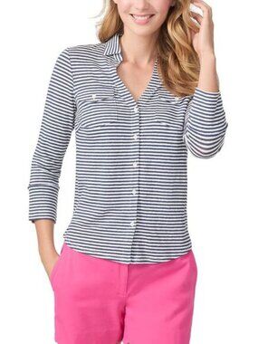 J McLaughlin Brynn Linen Blend Shirt - Medium - nautical navy white stripe top
